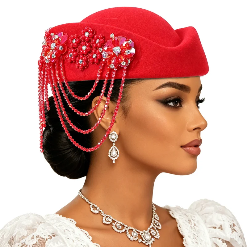 Church Costume Beret Floral Rhinestone Pearl Beaded Tassel Chain Formal Pillbox Hat Wedding Tea Party Bridal Dress CapUnisex