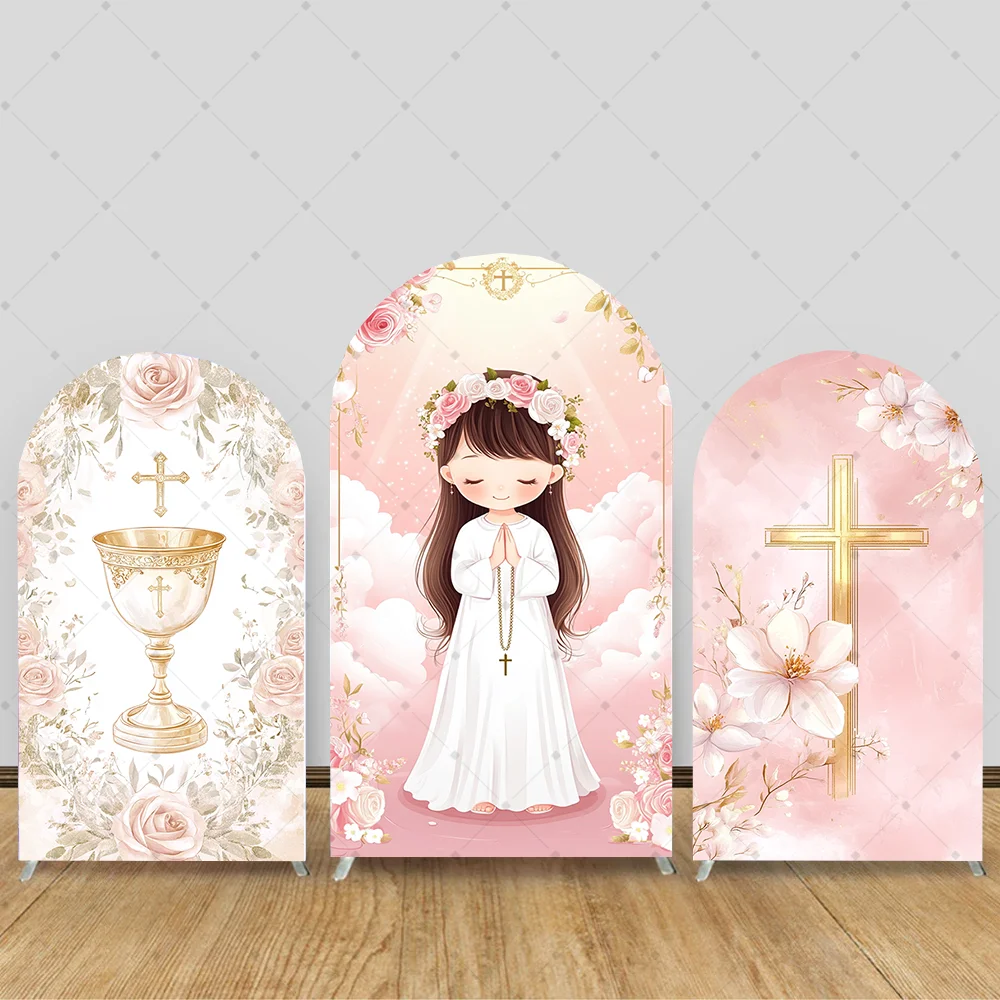 

2-sided Girl Baptism Arch Backdrop Cover Floral Angel Girl Gold Cross Holy Grail First Holy Communion Party Decor Background