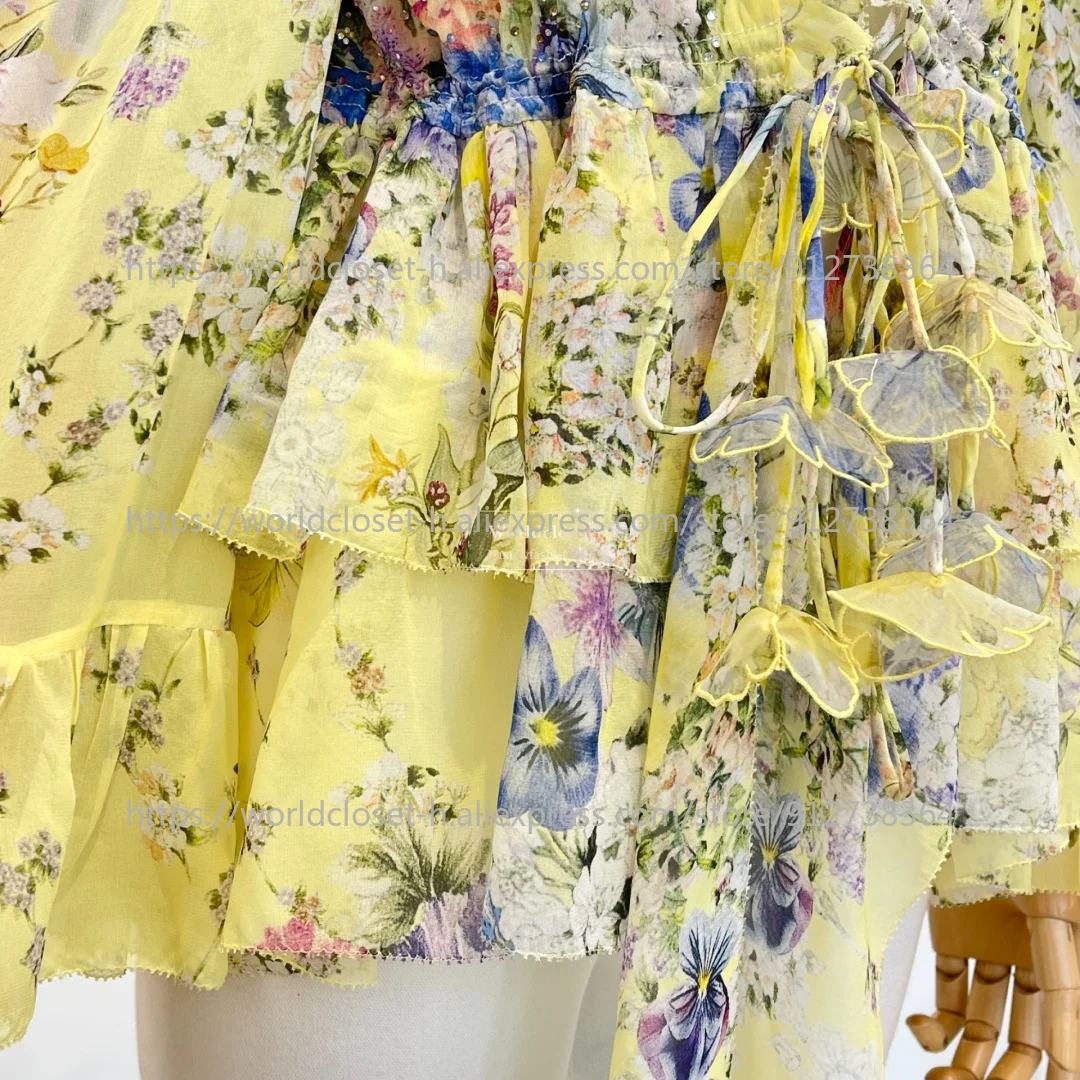 

Yellow Floral Print Sleeveless Diamonds Ruffles Edge Women Blouse Tops and Mini Shorts Set