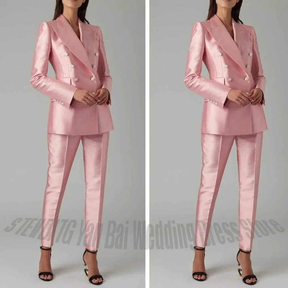 

Розовый атласный глянцевый женский костюм: приталенный двубортный пиджак и брюки, комплект из 2 предметов, профессиональная офисная одежда, шикарный наряд для деловых женщин