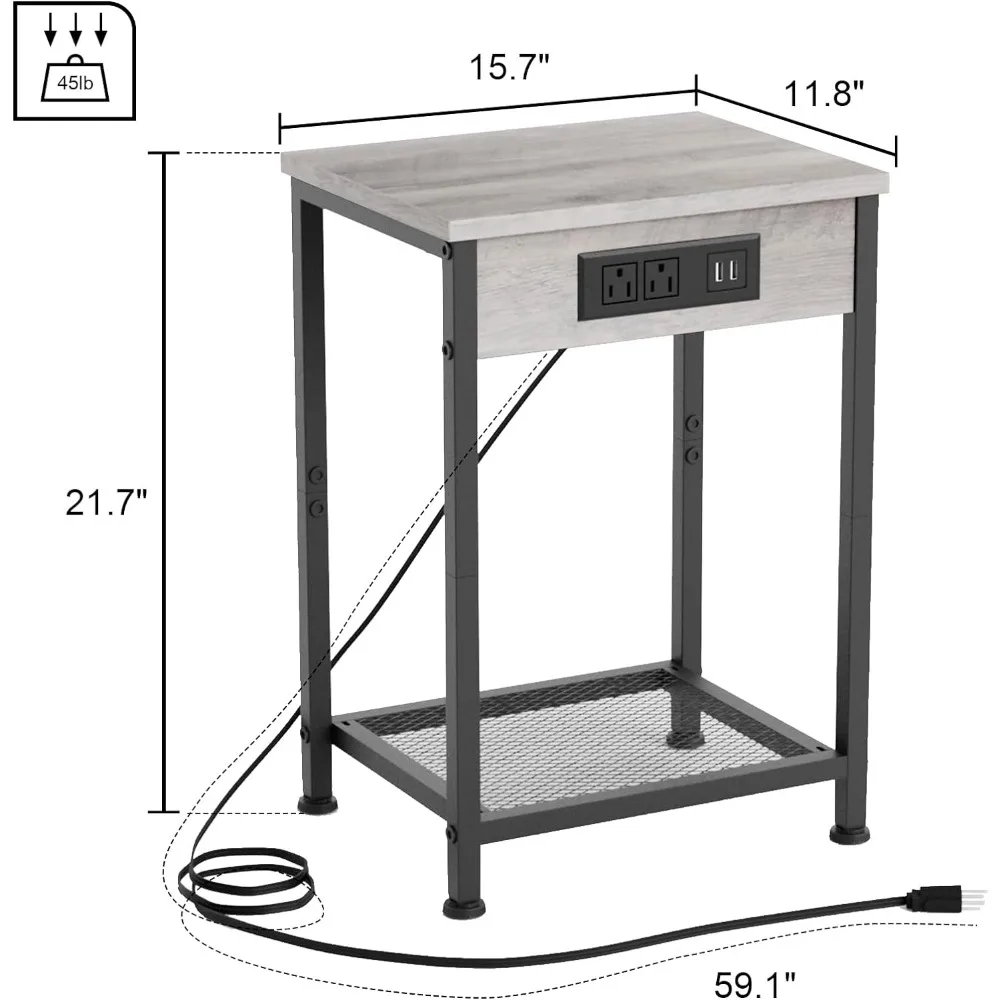 2-Piece Side Table Set with Charging Station,USB Port, Electrical Outlet, Nightstand, Living Room Furniture, Sofa Side Table Set