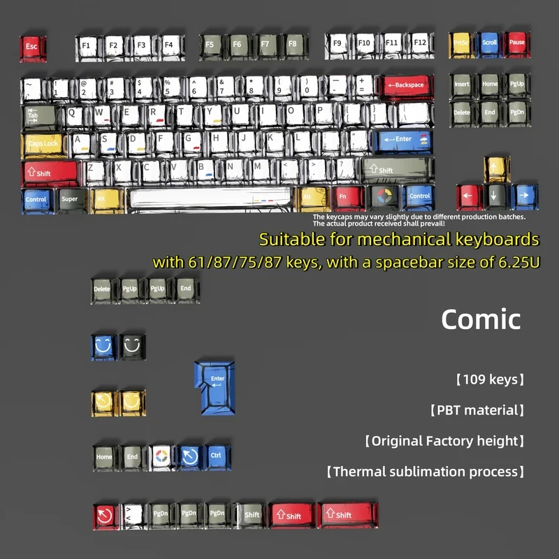 

Колпачки для клавиш в комикс-стиле с сублимационной печатью, разноцветные, светлые, полноразмерный набор из 109 клавиш, машинная отделка, декоративное оформление колпачков.
