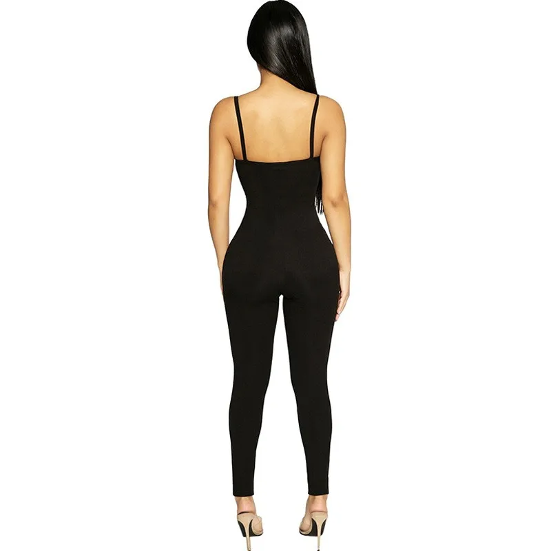 Backless Jumpsuit Sleeveless Crop Length Skinny Fit Jumpsuits Square Neckline Thin Straps Cutout Detail Romper Black High