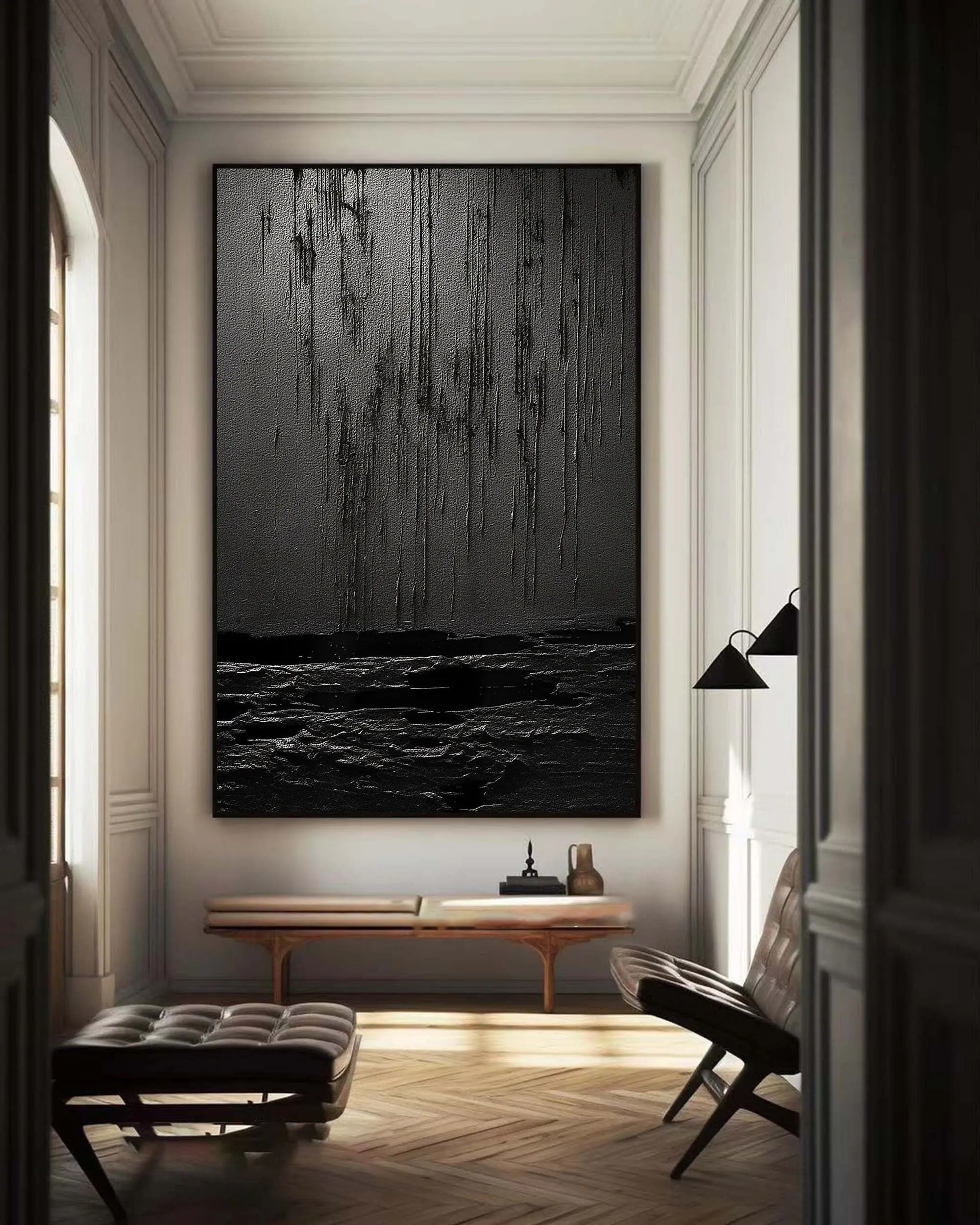 Black Texture Painting Oversized 3D Plaster Painting Contemporary Minimalist Painting on Canvas Abstract Wabi Sabi Wall Art