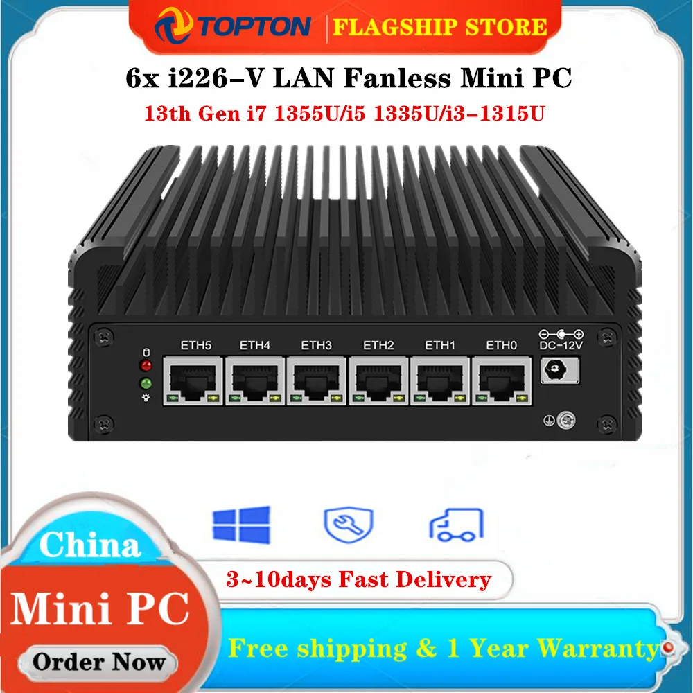 

Topton Fanless Mini PC 12th Gen Alder Lake 2.5G Intel i7 1265U i5 1235U 6x Intel i226-V Soft Router Firewall Appliance Proxmox