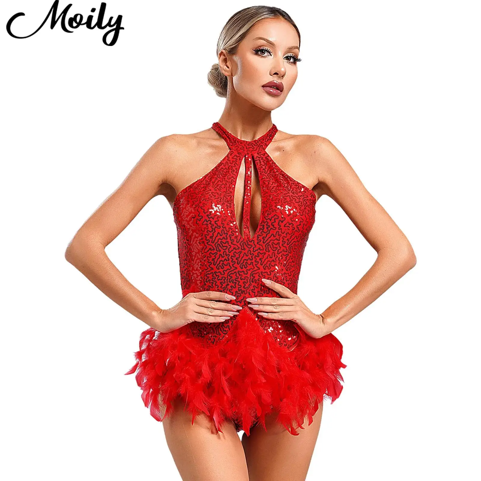

Women Sexy Sequin Latin Dance Dress Sleeveless Leotard Cha-Cha Tango Salsa Samba Rumba Modern Contemporary Performance Dancewear