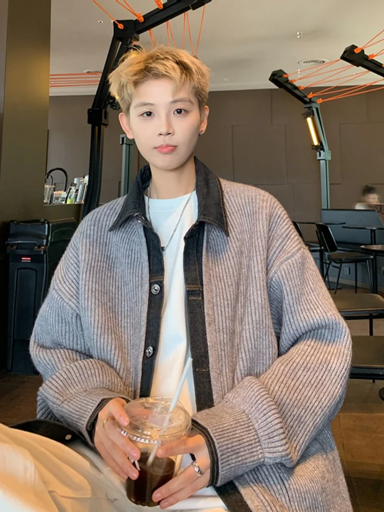 

Denim Patchwork Fake Two-Piece Knitwear Loose Open Cardigan Coat for Men Autumn Casual Loose Fit Comfortable Soft Fabric