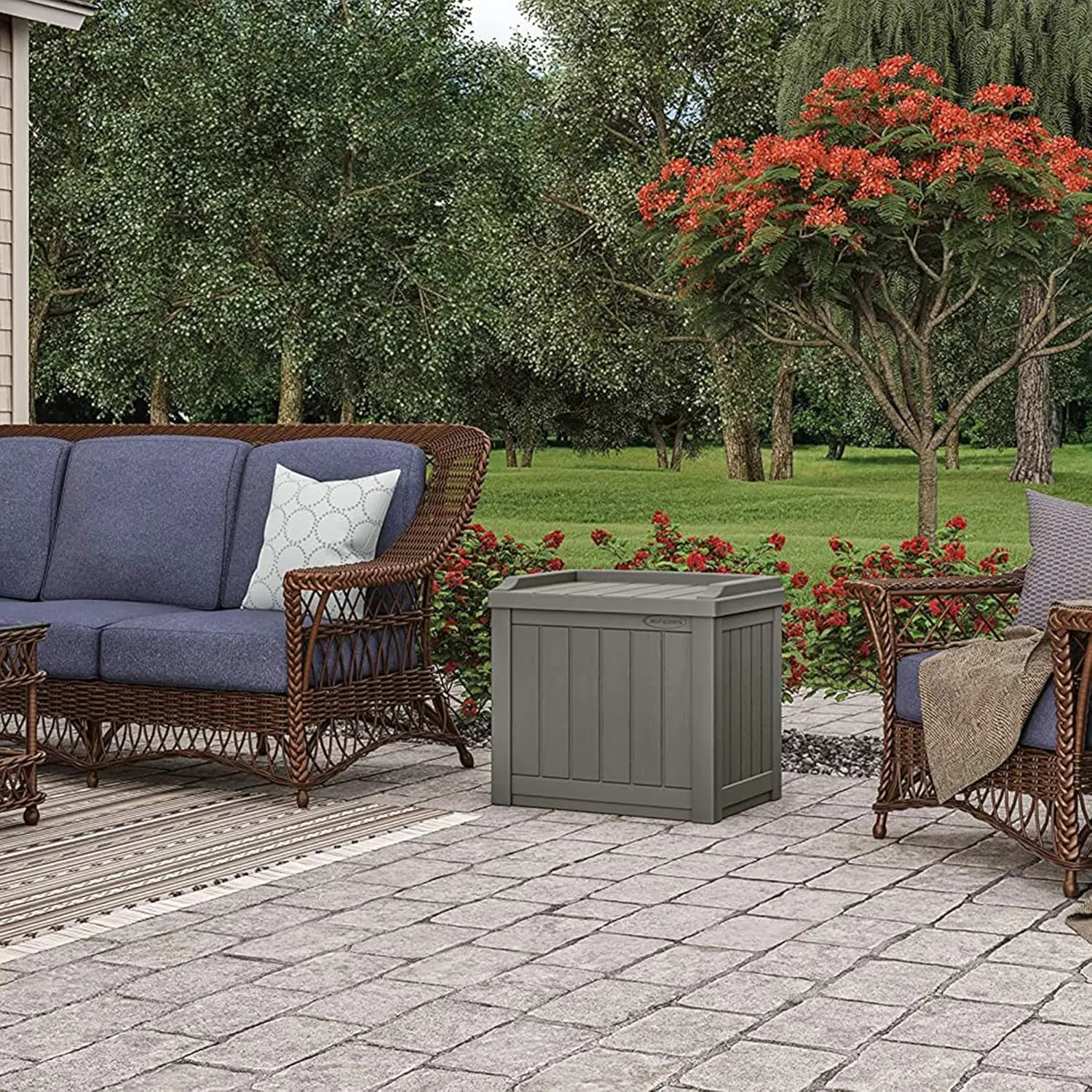 

2 Pack 22 Gallon Indoor or Outdoor Backyard Patio Small Storage Deck Box with Attractive Bench Seat and Reinforced Lid, Stone Gr
