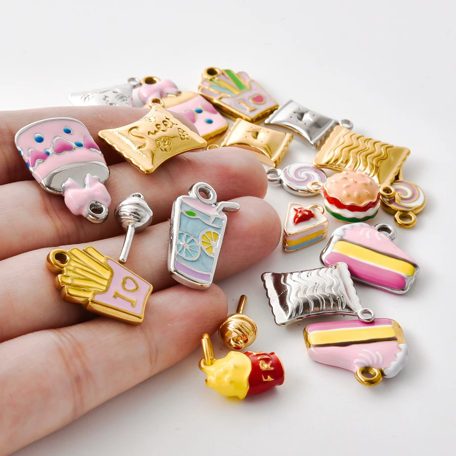 6Pcs Cute Dopamine Enamel Dessert Charm Stainless Steel Cake Lollipop Fries Beverage Pendant DIY Earring Bracelet Jewelry Craft