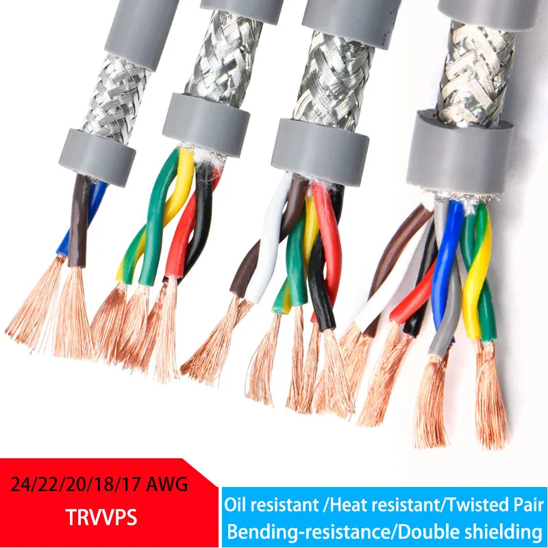 TRVVPS Twisted Pair Shielded Drag Cable 2/4/6/8/10/12/14/16Cores 24/22/20/18AWG Heat-Resistant Insulated Gray PVC Electric Cable