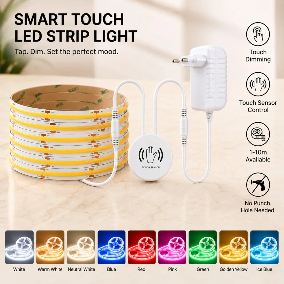 DC12/24V Smart Touch Dimmable LED Strip Light No Punch 1-10m Multi Color Self‑Adhesive LED Tape Light for Home Room Decor