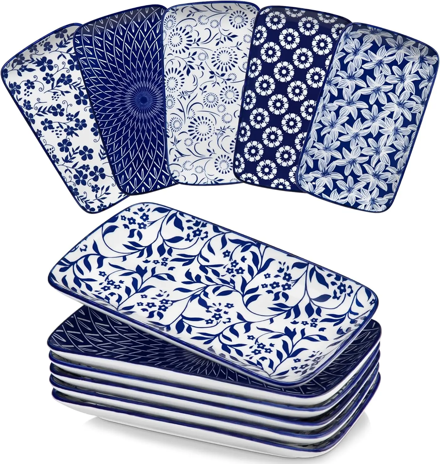

9.5 Inch Rectangular Dinner Plates Set of 6, Ceramic Salad Plates for Dessert, Appetizer, Porcelain Serving Platters for Enterta