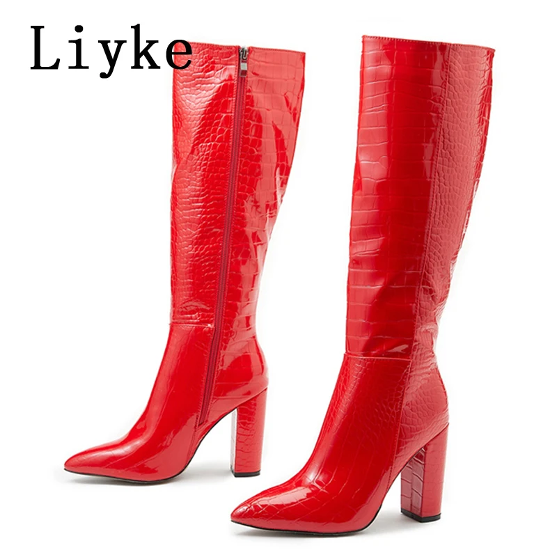 Liyke Fashion White Women Knee High Boots Sexy Snake Print Leather Pointed Toe Square Heels Ladies Long Booties Zip Female Shoes