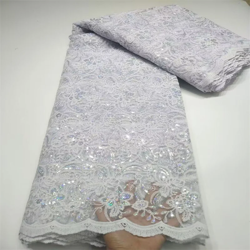 White African Organza Fabric 2024 High Quality French Sequins Embroidery Heavy Sequins Tulle Mesh Lace Fabric For Party Dress