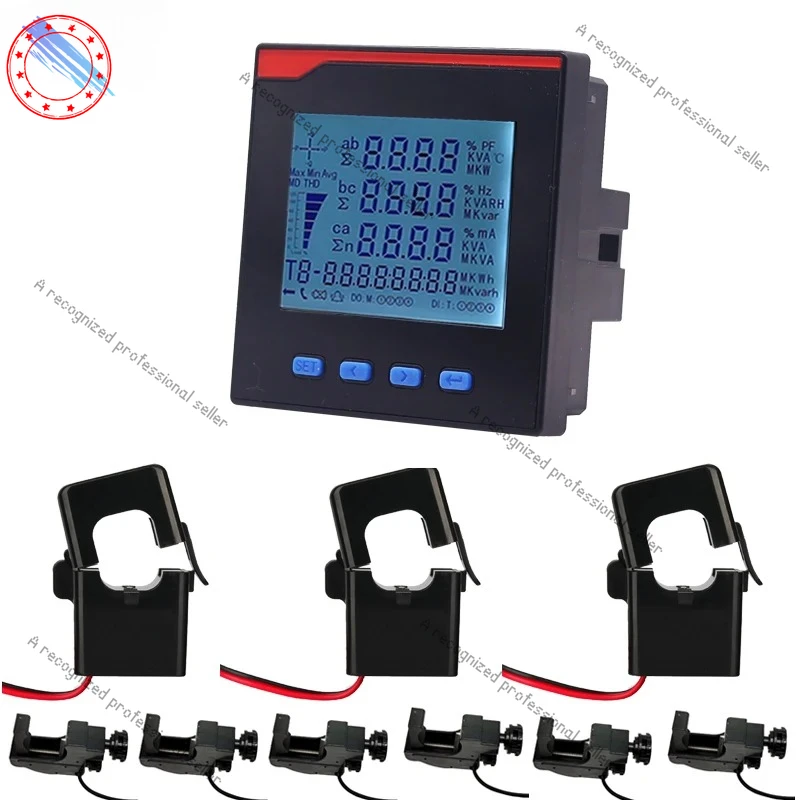 

3 phase power meter ampere voltage kwh watt var power factor frequency LCD multifunction meter with ampere clamp sensor CT