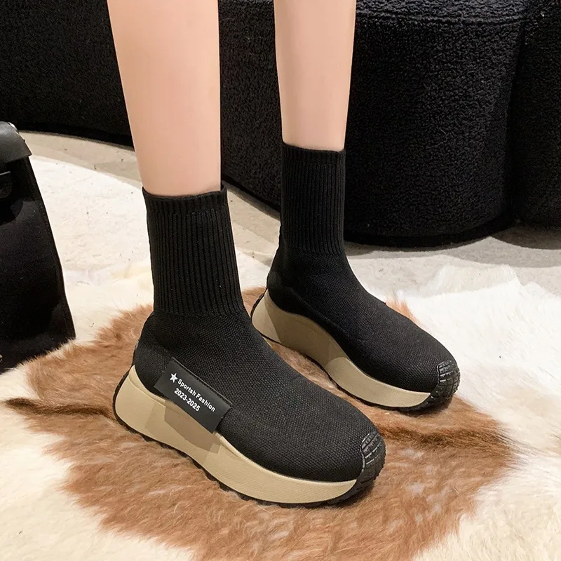 Women Sock Boots Knitted Elasticity Ankle Boots Non-slip Platform Slip On Boots Versatile Vulcanized Shoes Zapatos Para Mujeres