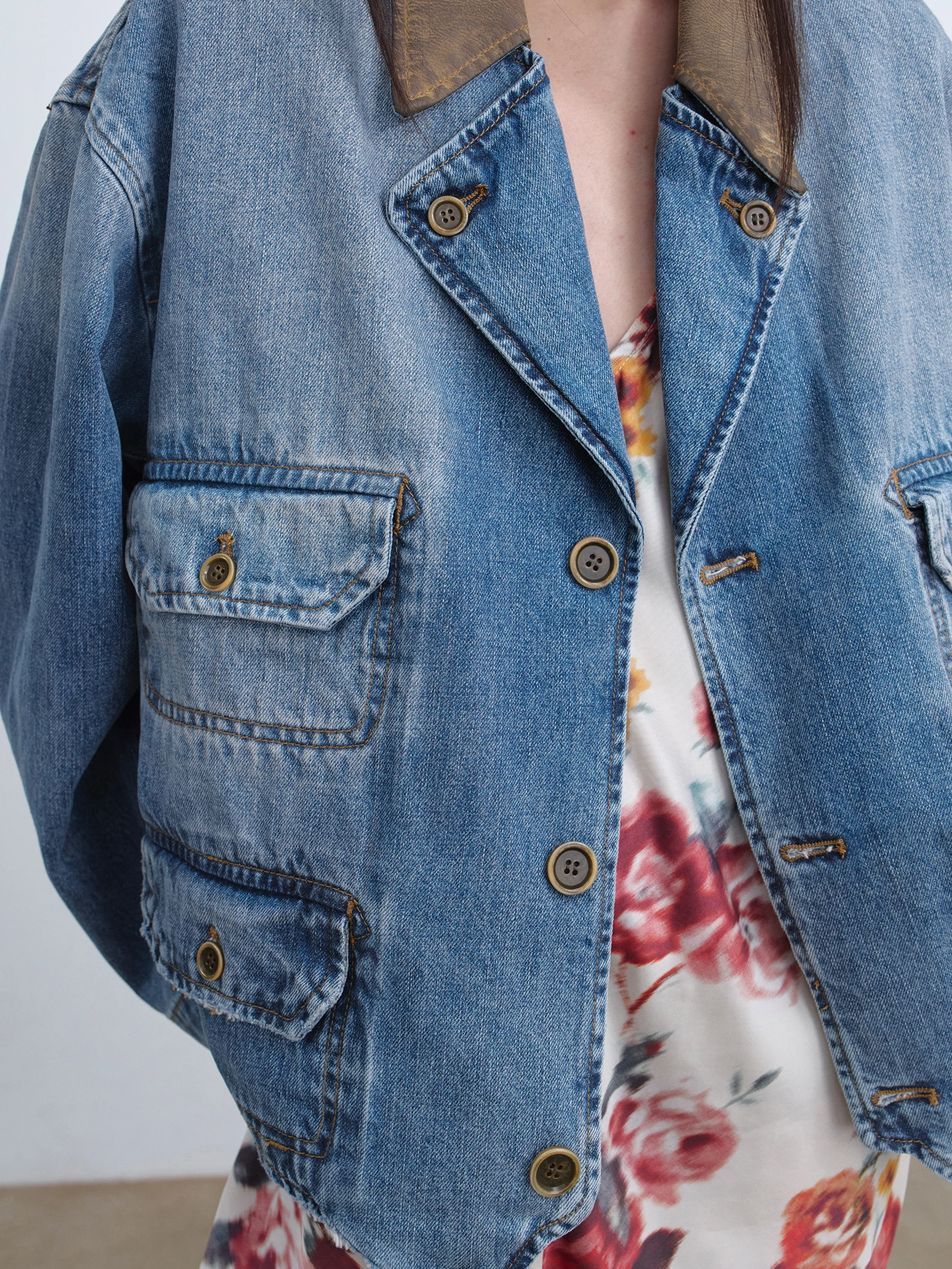 VERMO Vintage Washed Leather Patchwork Denim Jacket Women's Loose Fit Cotton Mid-Length Coat Button Closure Long Sleeve