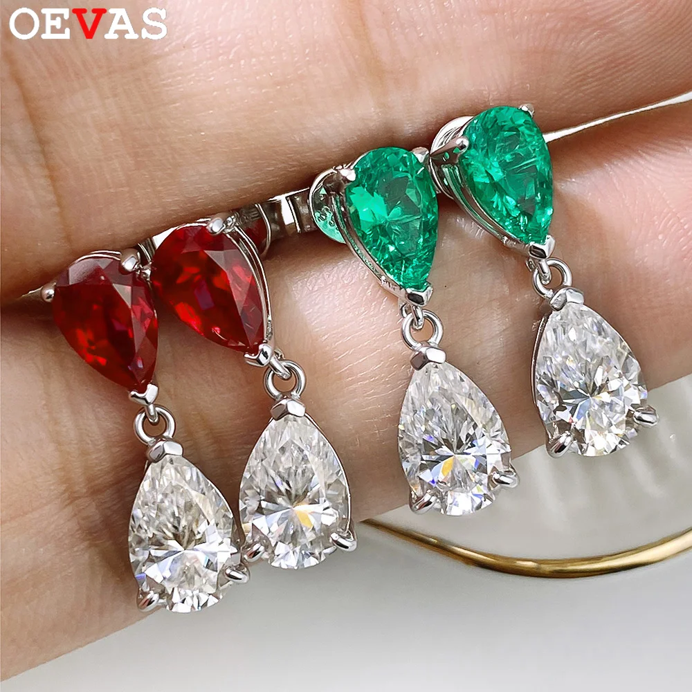 

OEVAS Waterdrop Lab Grown Columbia Emerald/Ruby with Moissanite Diamond Earrings for Women S925 Silver Wedding Fine Jewelry