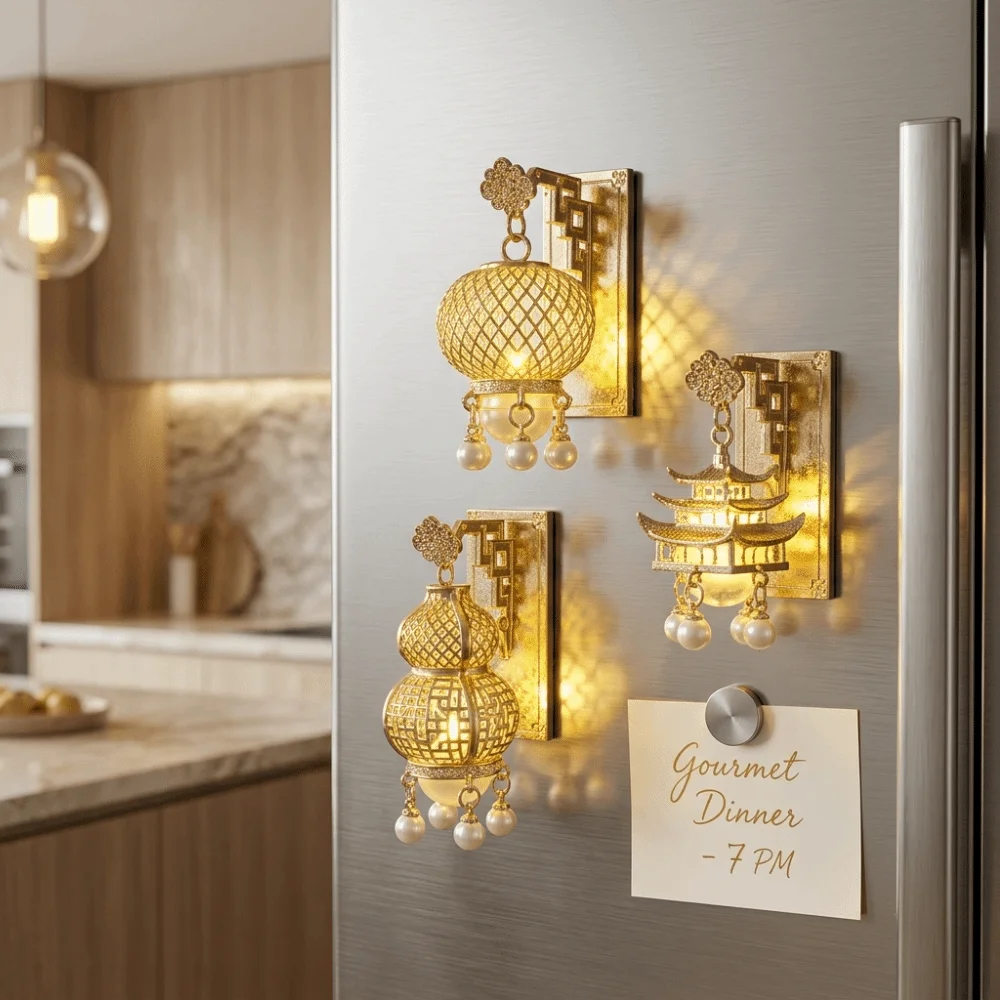 Light Up Lantern Fridge Magnet New Chinese Style Pearl Embellishment Fridge Ornament Palace Style Tassel Pendant