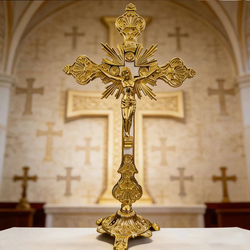 Neues 2026 Traditionelles Vergoldetes Orthodoxes Kruzifix mit INRI-Gravur, Stehendes Kreuz für Altarausstellung und Gottesdienst-Rituale, Geschenk – Detail 11