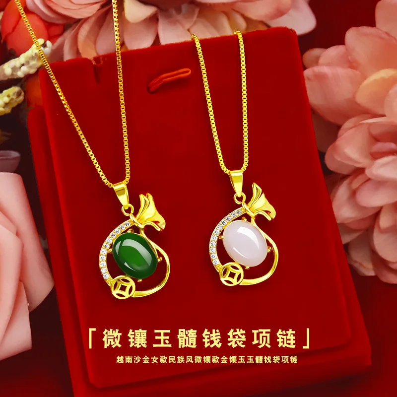 

Korean Fashion 14k Gold Necklace for Women Green Gemstone Stone Purse Pendant Necklaces Yellow Jade Clavicle Necklace Jewelry