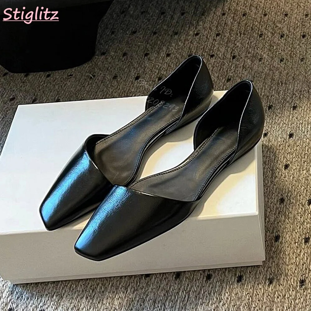 

French Square Toe Flat with Shoes Leather Solid Shallow Slip-On Cover Heel Concise 2025 Spring New Women Fashion Casual Shoes