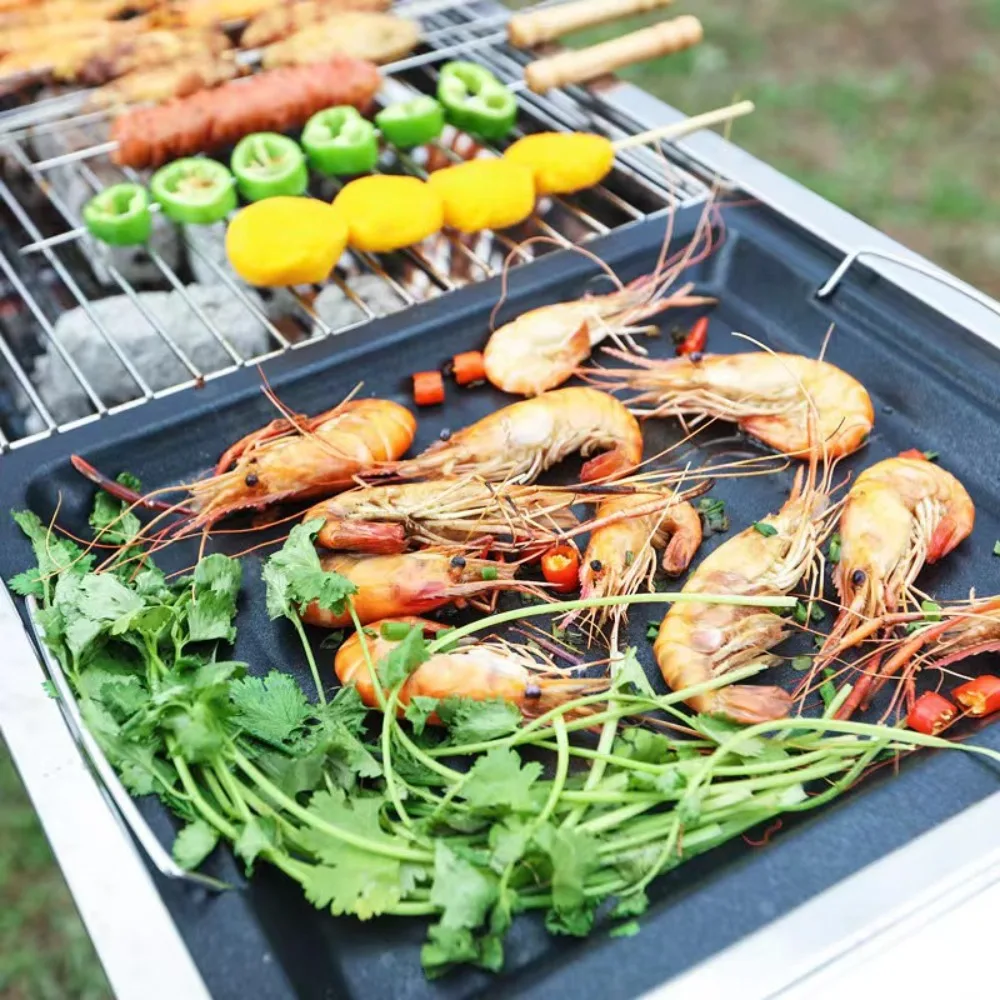 Non-stick Outdoor BBQ Grill Pan with Handle Rectangular Grilling Plate Striped Groove Iron Grilling Tray Grilled Sausage