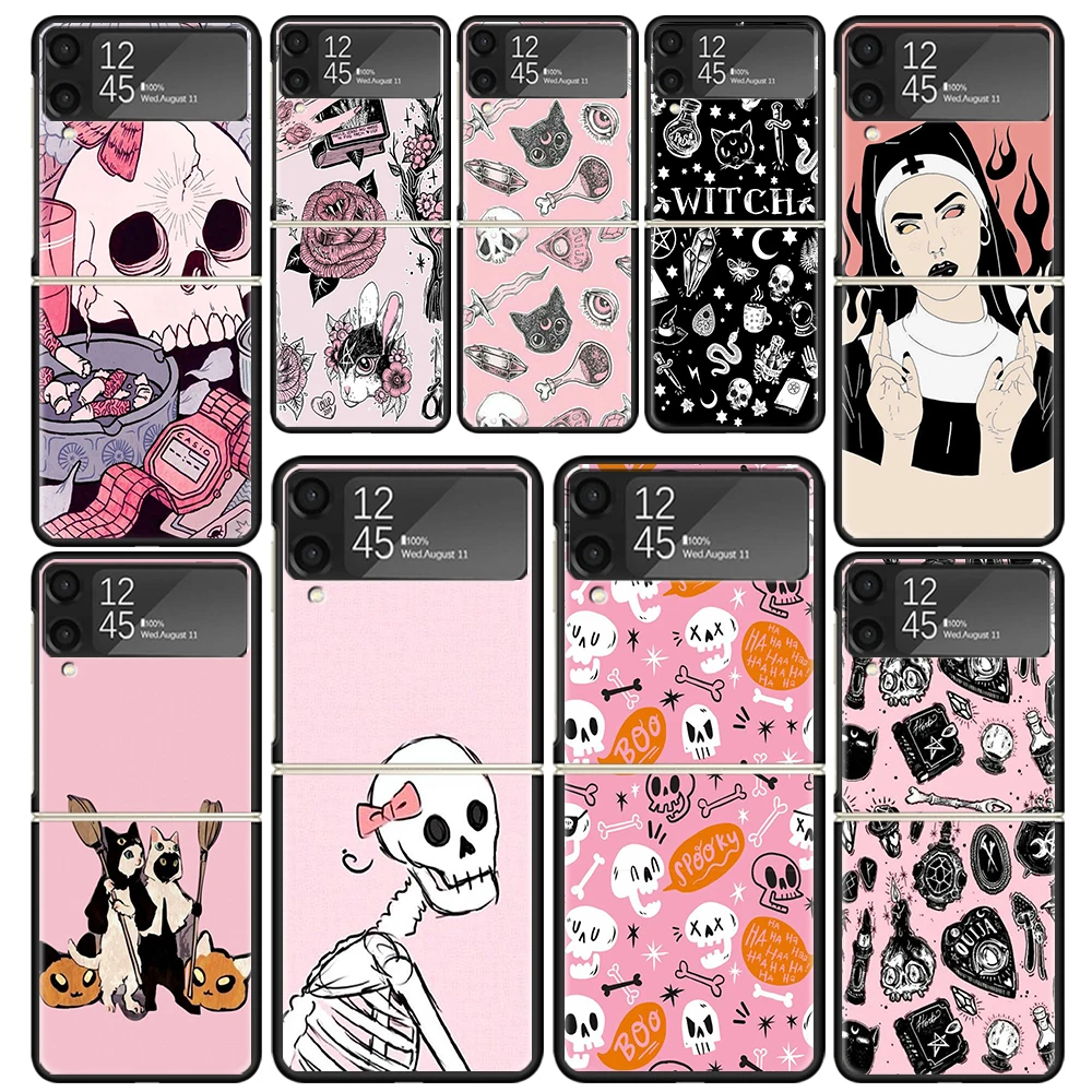 Pink Cat Skull Sorceress Witch Clear Phone Case For Samsung Z Flip 5 4 3 Galaxy ZFlip 6 5G Shockproof Hard Print Cover TPU PC Co