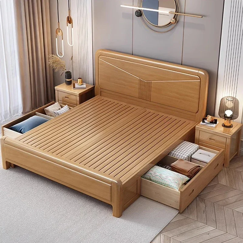 منظم سرير مزدوج بحجم كوين، أدراج خشبية لغرفة النوم، سرير صالة حديثة، كاما كاسال، أثاث اسكندنافي متعدد الوظائف