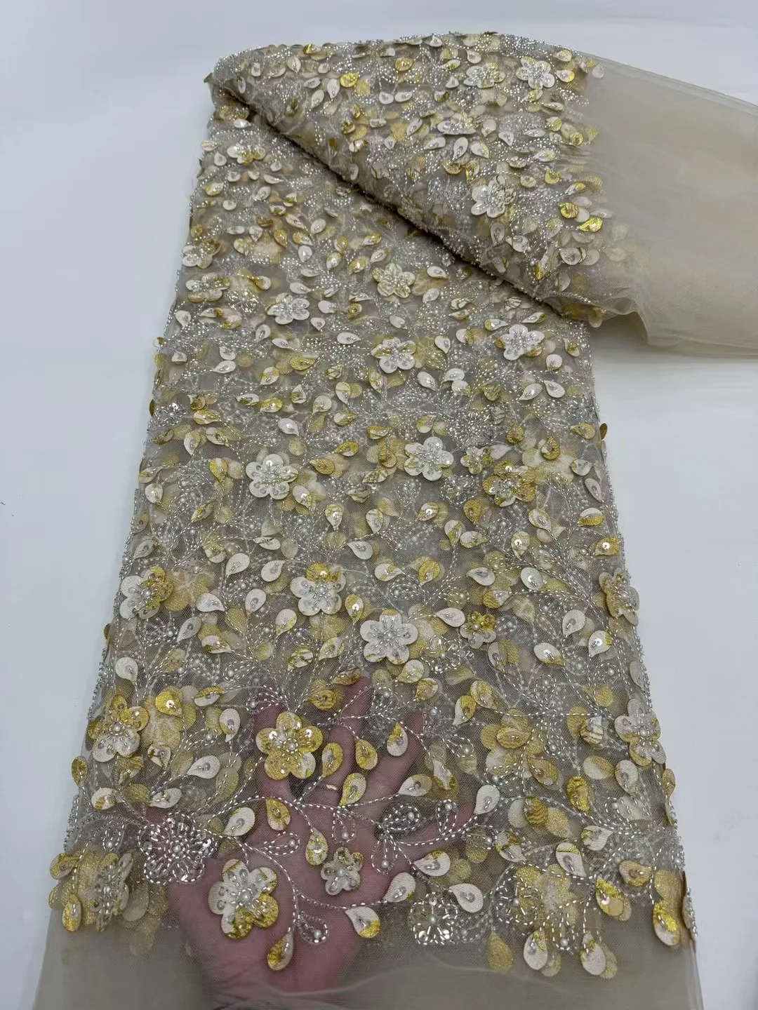 

African Sequins Lace Fabrics 5 Yards Fashion Nigerian Beaded Tulle Lace Fabric 2025 High Quality For Sewing Cloth Party Dress