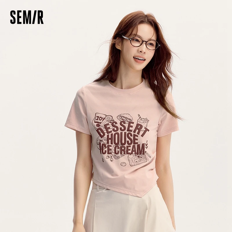 Semir Short-Sleeved T-Shirt Women Short Length Printed Petite Figures 2024 Summer New Slim Fit Asymmetrical Pullover Top