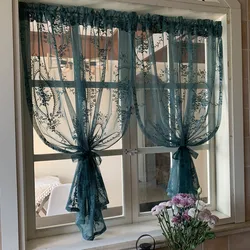 French Retro Green Sheer Curtains for Living Room, Solid Short Tulle Curtain for Kitchen Bathroom Cupboard Drapes Window Valance