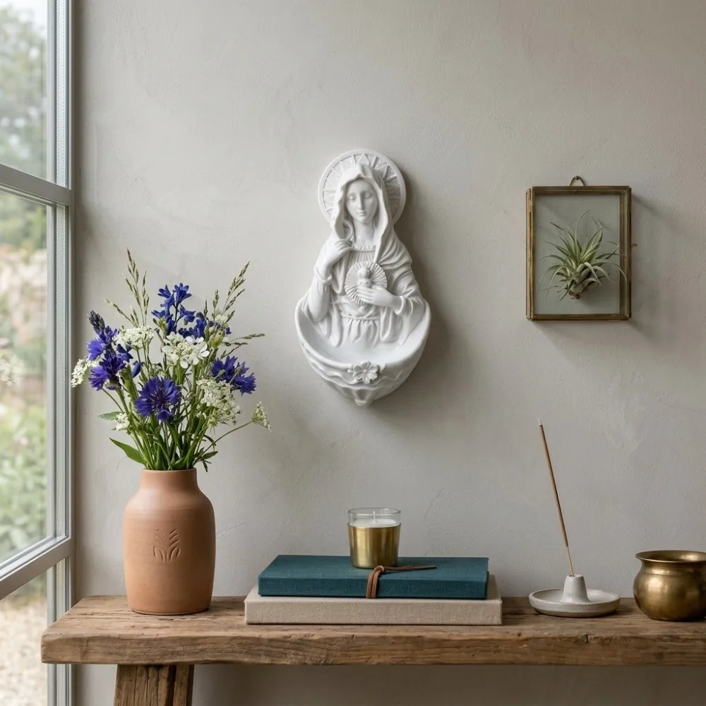 Decorative Mother Virgin Mary Figurine Wall-mounted Religious Prayer Rosary Holder Nordic Style Storage Rack