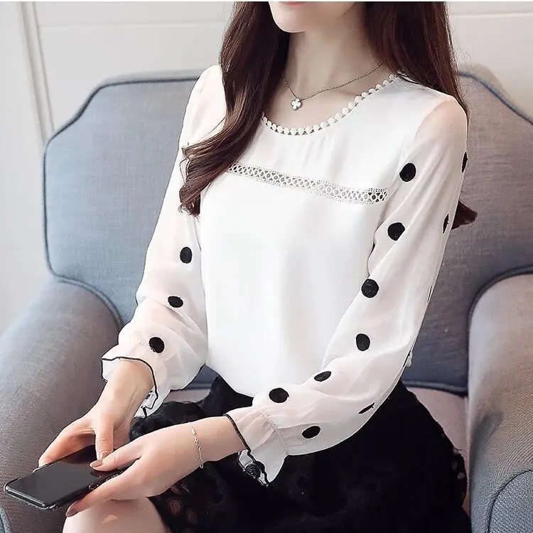 

Long Sve Women's T-irt Chiffon Base irt Spring New Sle Commute Korean Loose Fit round Ne Regular Length Top