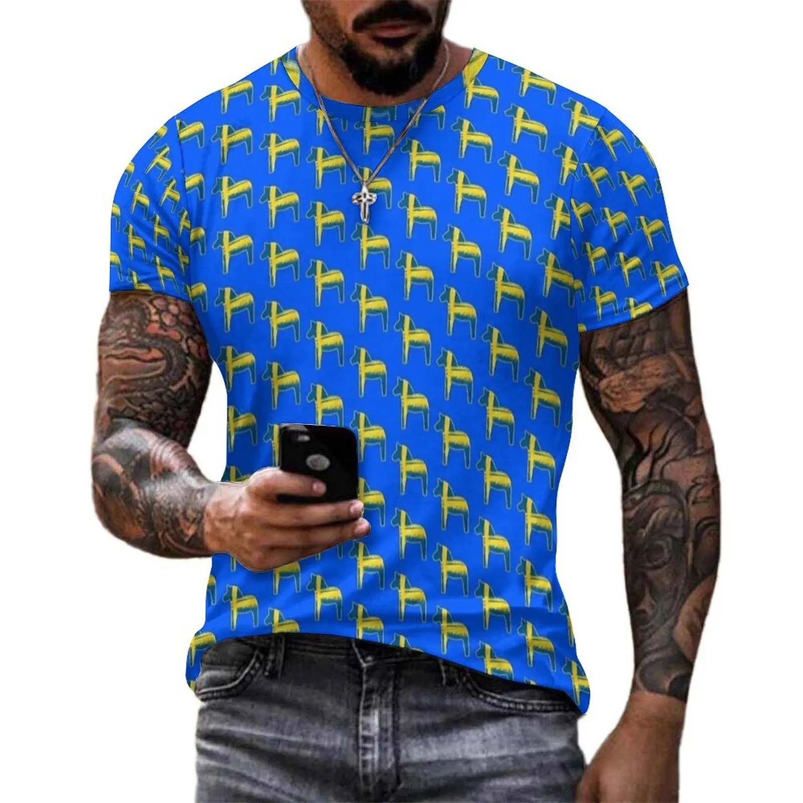 Premium T-Shirt Dala Horse Swedish Flag Painted Distressed Sweden Dalahost T-Shirts Trendy Tee Shirt Men Print Plus Size Clothes