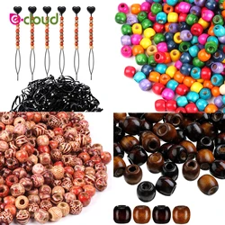 100Pcs 6mm/8mm Hole Multi Color Round Wooden Hair Beads with 100pcs Rubber Bands 1Pcs Tools Dreadlock Braids Cuff Accessories