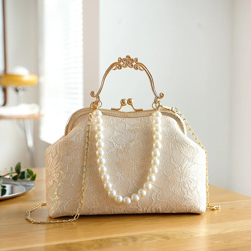 Fashion Lace Wedding Style Bag Classic Shell Lock Bags for Women Shoulder Crossbody Bag Chain Beads Women\'s Handbags Purses