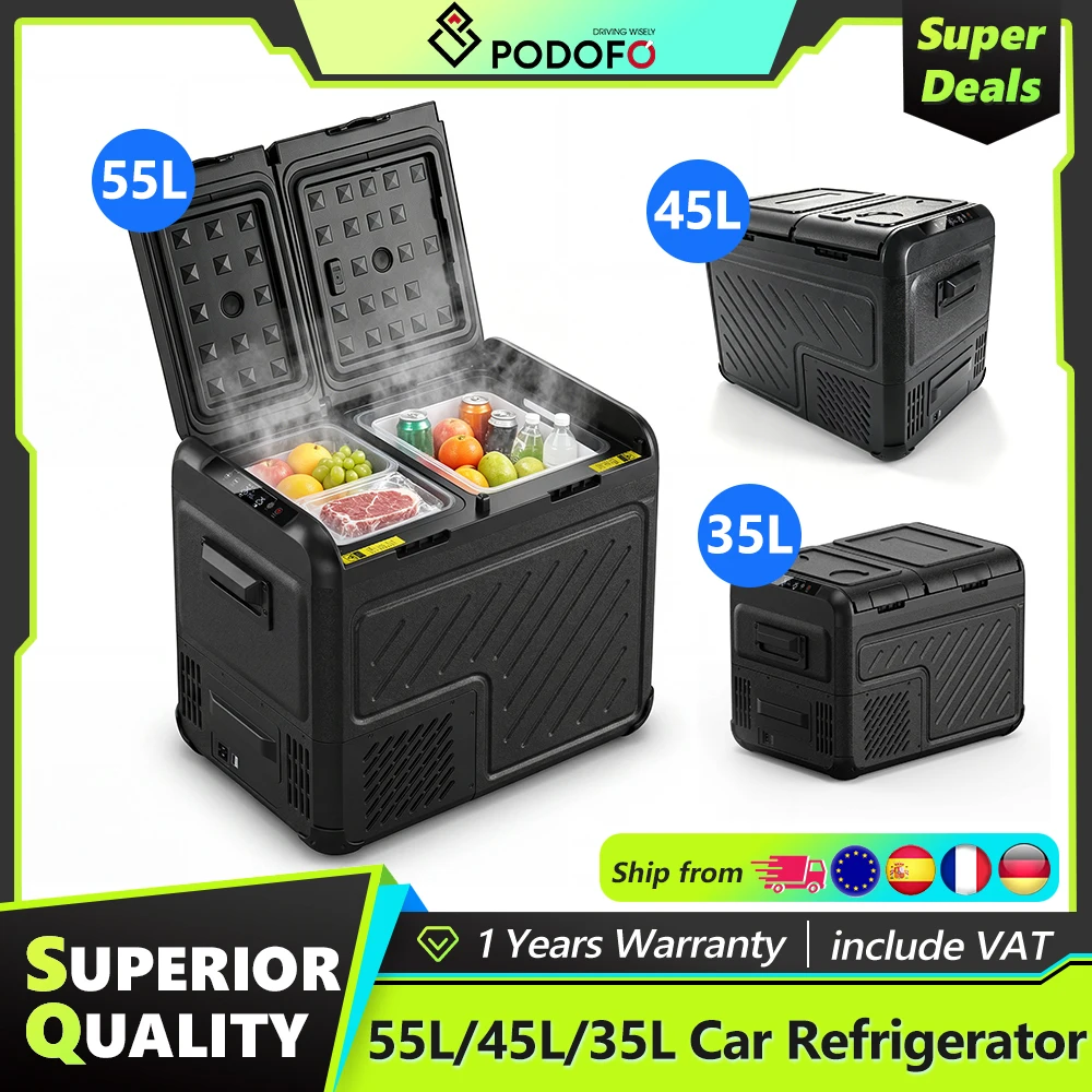 Podofo 35L/45L/55L Tragbarer Mini-Kühlschrank 12/24V DC 110-240V Eisbox Auto-Kühlschrank Gefrierschrank Kompressor-Kühler für Fahrzeuge Reisen Outdoor Zuhause