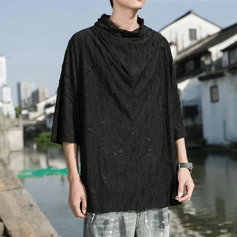 

Men's Loose Design Pile Neck T-shirt, Five-Point Sleeve, Dark Black, Ice Cut, Small Pop, Summer Clothing, New, 2024