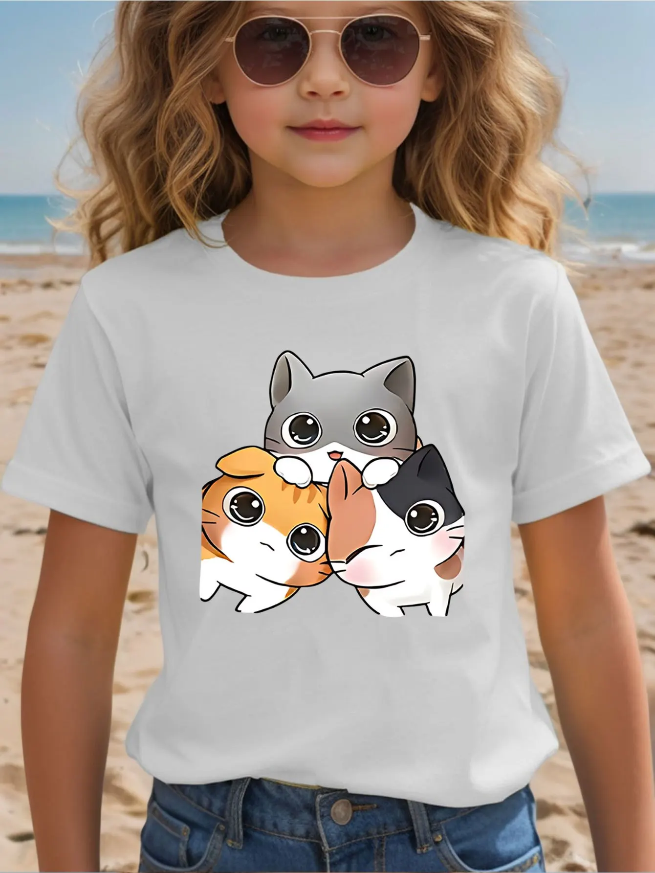 Three Cute Big Eye Kittens Cartoon Kids T Shirt Boys Girls Family Matching Parent Child Summer Crew Neck Children Casual Tee
