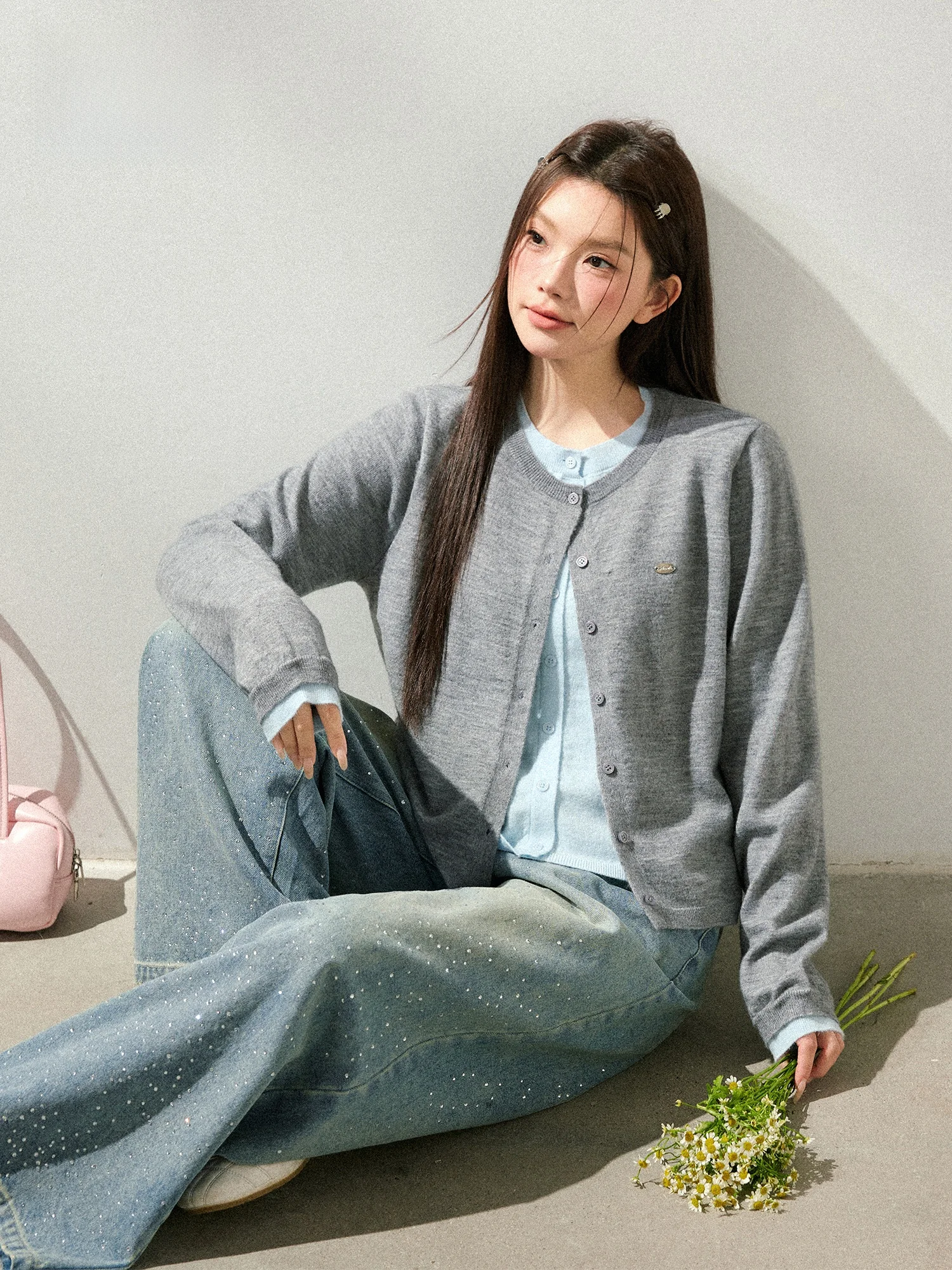 

Korean Sle plus Size Knitted Sweater And Jeans Set with Rhinestones Slimming Illusion Big Size Women's Faion Spring Set