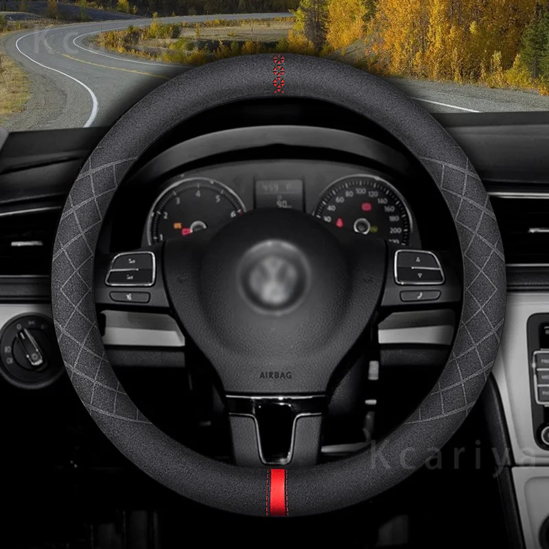 

38cm, Leather Car Steering Wheel Cover, Non-Slip, For VW Sharan, Passat, Caddy, Touran, Tiguan, Golf, Polo, Atlas, T-Roc,T-Cross