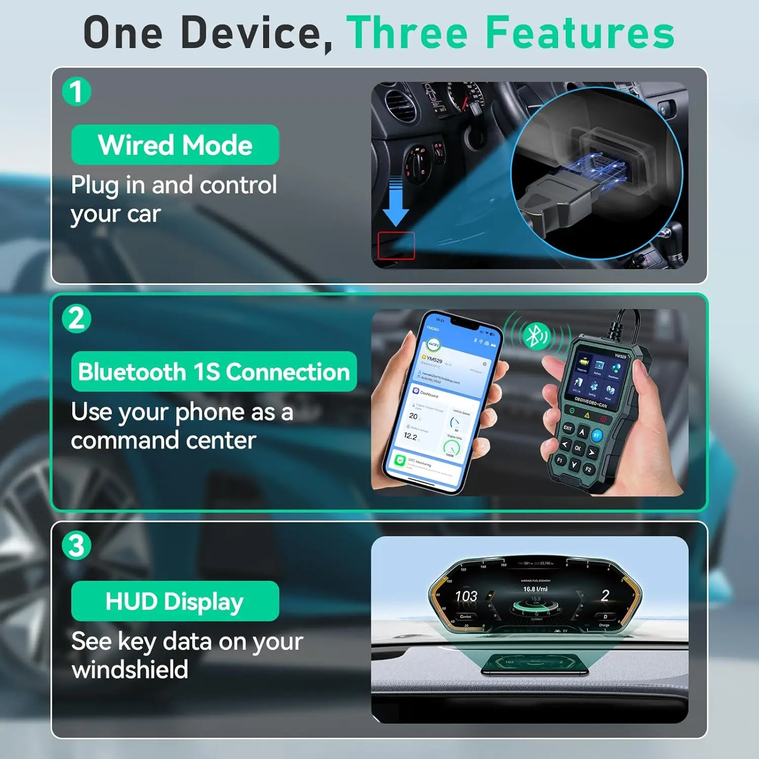 OBD2 Scanner Bluetooth Diagnostic Tool - iOS/Android, Real-Time Data, Battery Test, Plug and Play, Emissions Read (Army Green)