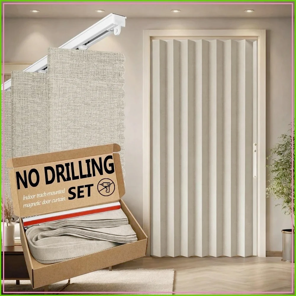 100% Blackout Accordion Door Curtain, Adhesive Track, No Drilling, Off White 72x78 in