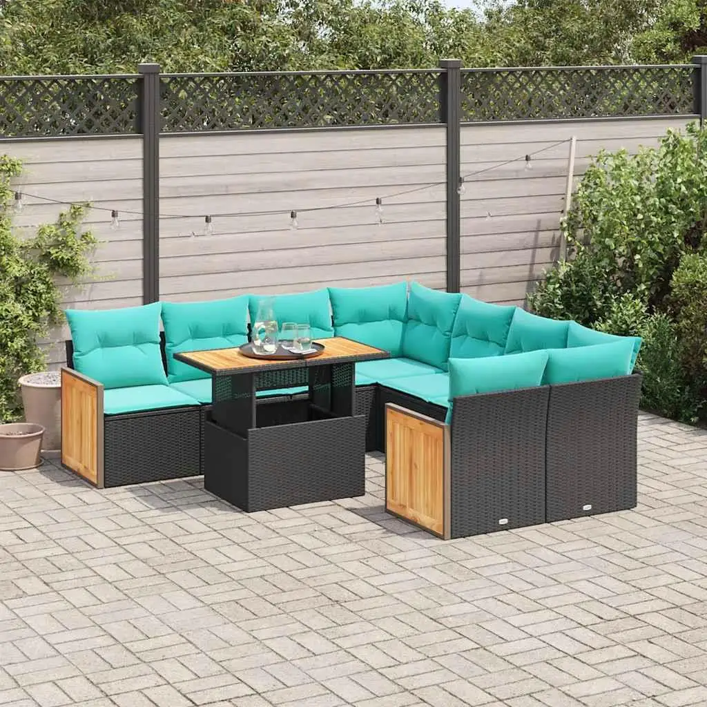 

9 Piece Outdoor Patio Sofa Set with Soft Cushions Black Rattan Acacia Wood Furniture
