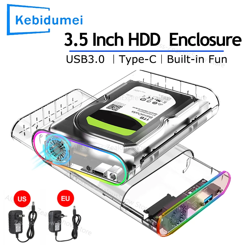 

Корпус для жесткого диска SATA 2,5/3,5 дюйма, прозрачный RGB-встроенный адаптер вентилятора USB 3.0 типа C к корпусу внешнего жесткого диска SATA, поддержка диска 28 ТБ