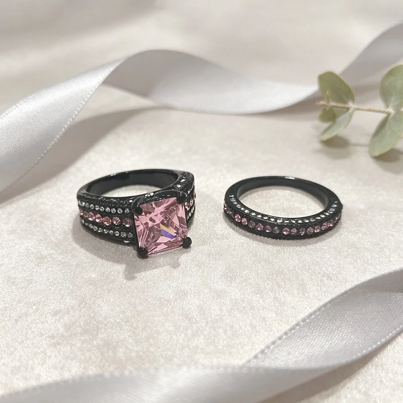 2Pcs/set Square Purple Pink Cubic Zirconia Stack Ring Set Two Tone Multi Row Pave Wide Ring for Women Party Statement Jewelry