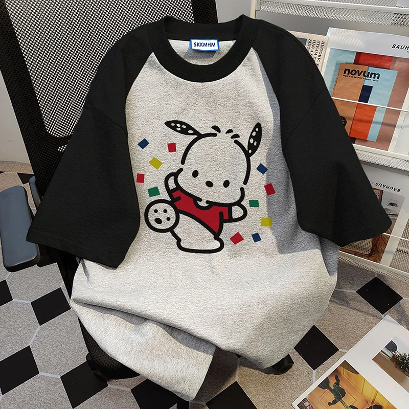 2024 New Sanrio Pochacco Cute Cartoon Tshirt Kawaii Fashion Spliced Raglan Summer Cotton Anime Couple Short Sleeve Top Girl Gift