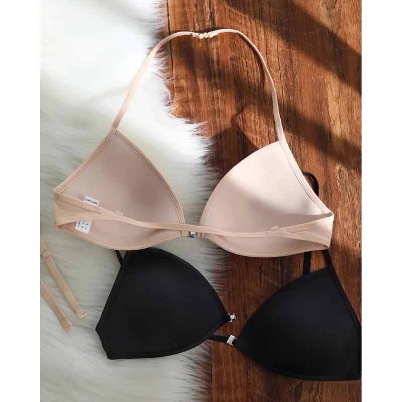 French Triangle Cup Underwear Women\'s Spaghetti Strap Beauty Back Halter Invisible Front Closure Bra Thin Section Traceless Bra