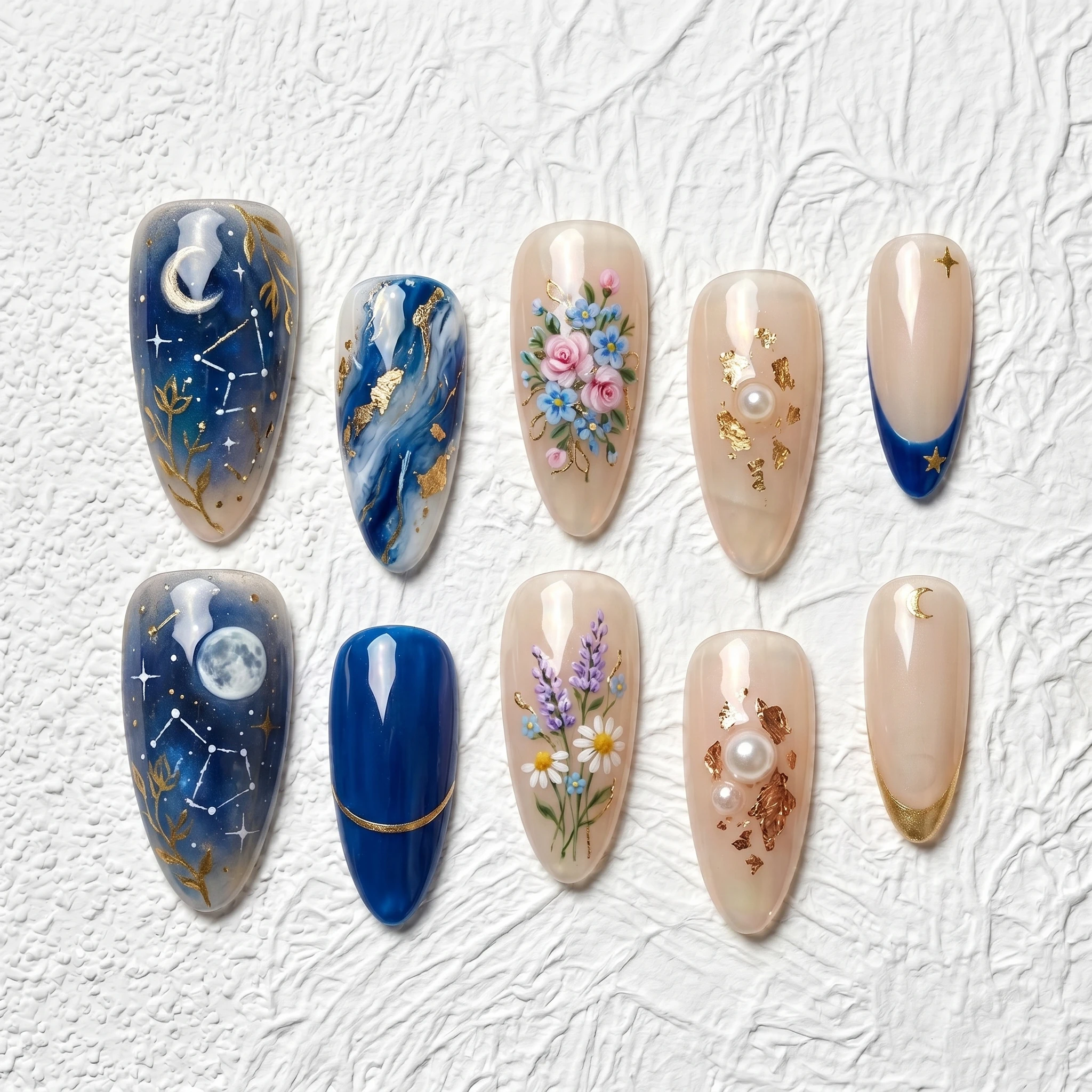 Artisan Handcrafted 10PCS Romantic Dreamy Almond Press-On Nails | Floral Celestial Pearls Gold Leaf Holiday Wear Salon Finish